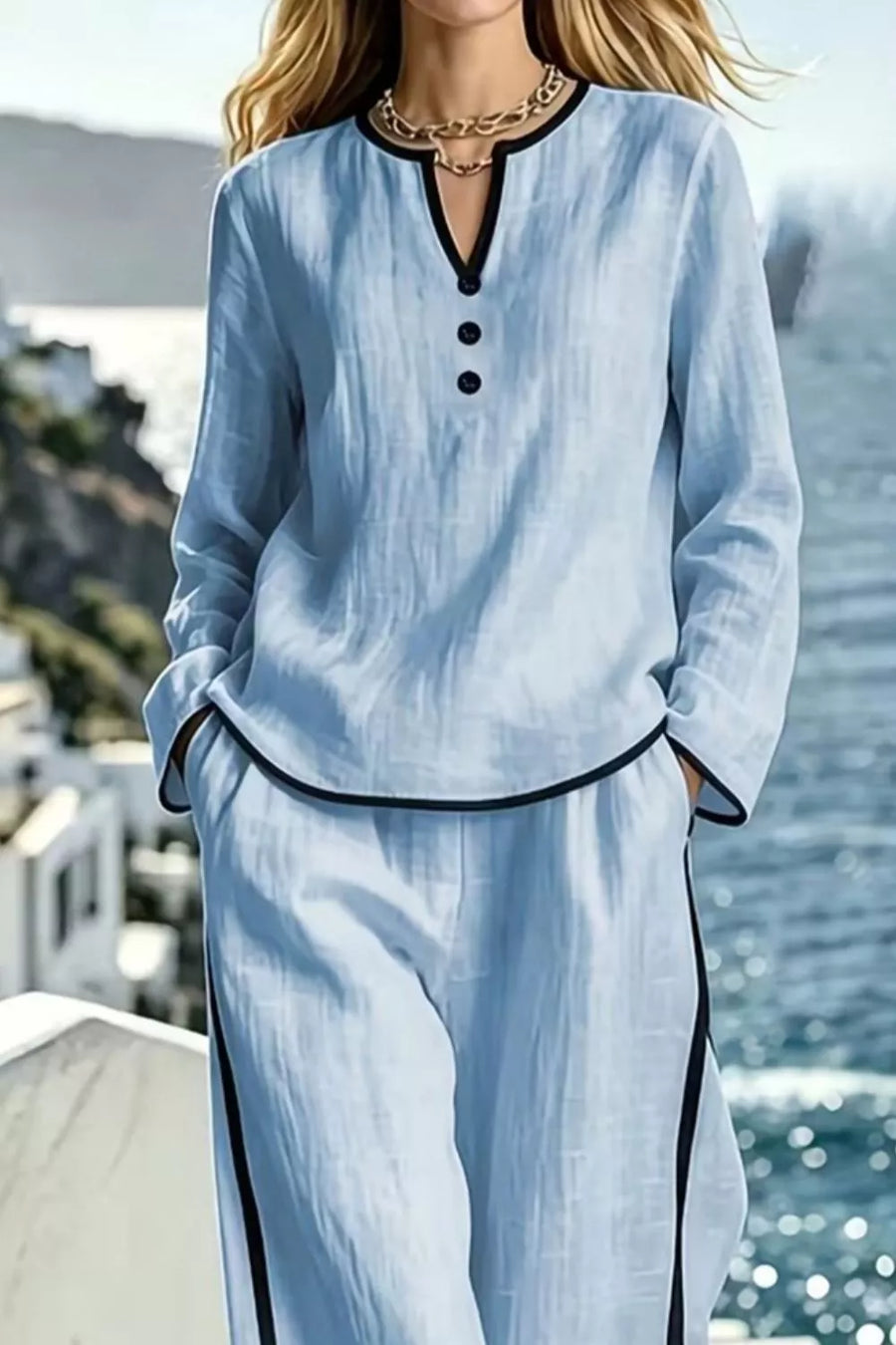 Contrast Trim Long Sleeve Top And Pants Set in White
