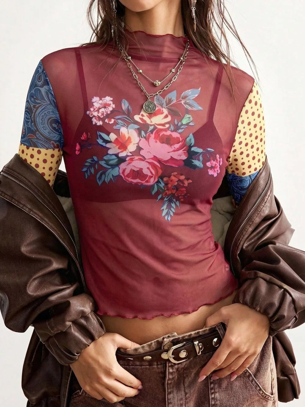 burgundy blouse with floral, paisley, polka dot and mock neck