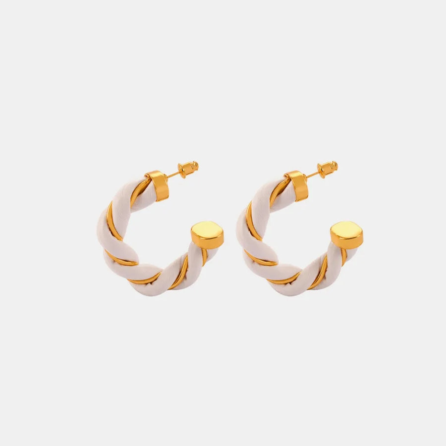 White braided leather and gold hoop earrings with gold posts