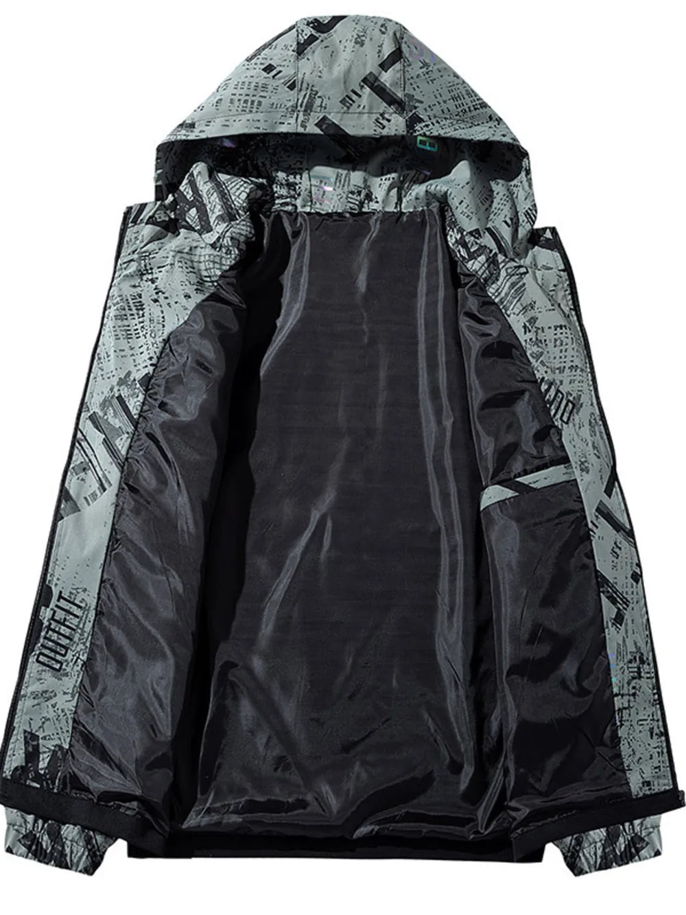 Plus size hooded parka coat in dark gray with abstract print, open view showing black lining and "OUTFIT" text detail.