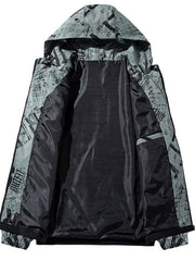 Plus size hooded parka coat in dark gray with abstract print, open view showing black lining and "OUTFIT" text detail.