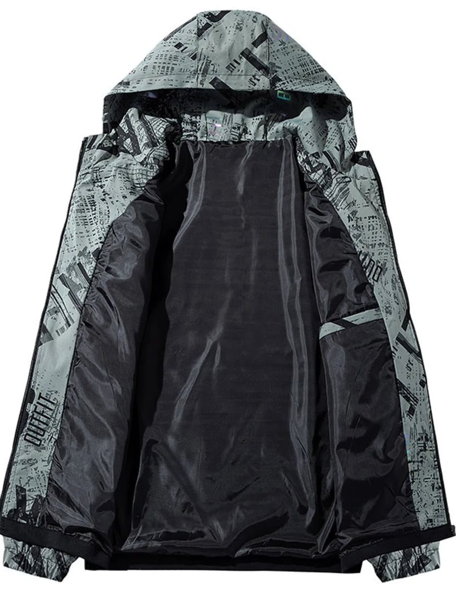 Plus size hooded parka coat in dark gray with abstract print, open view showing black lining and "OUTFIT" text detail.
