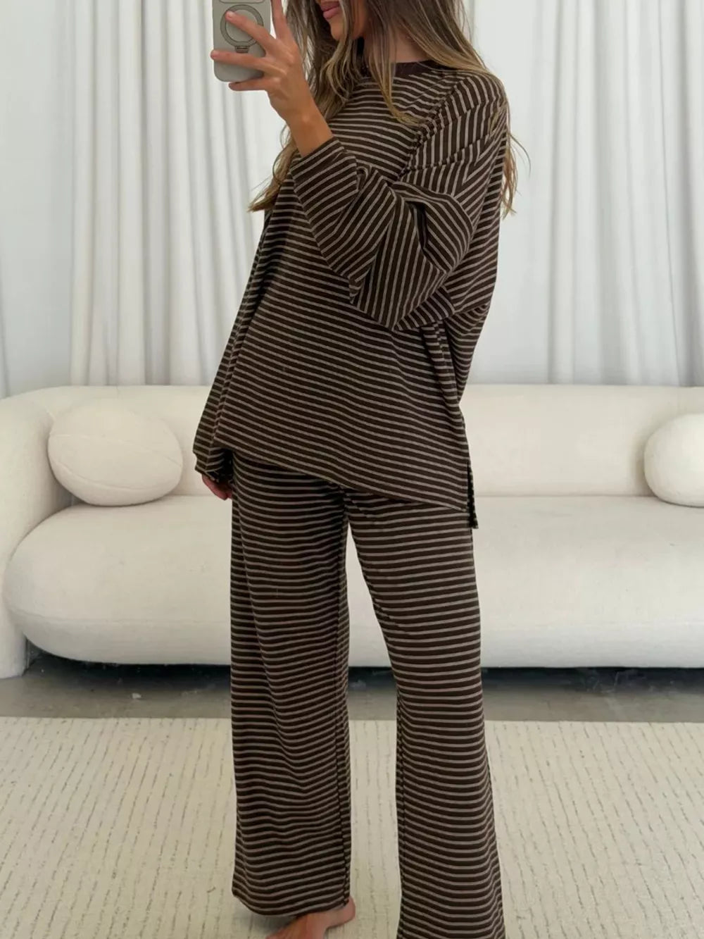 pajama set in Dark Brown with striped and long sleeve