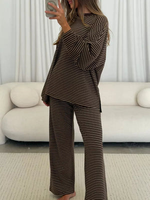 pajama set in Dark Brown with striped and long sleeve