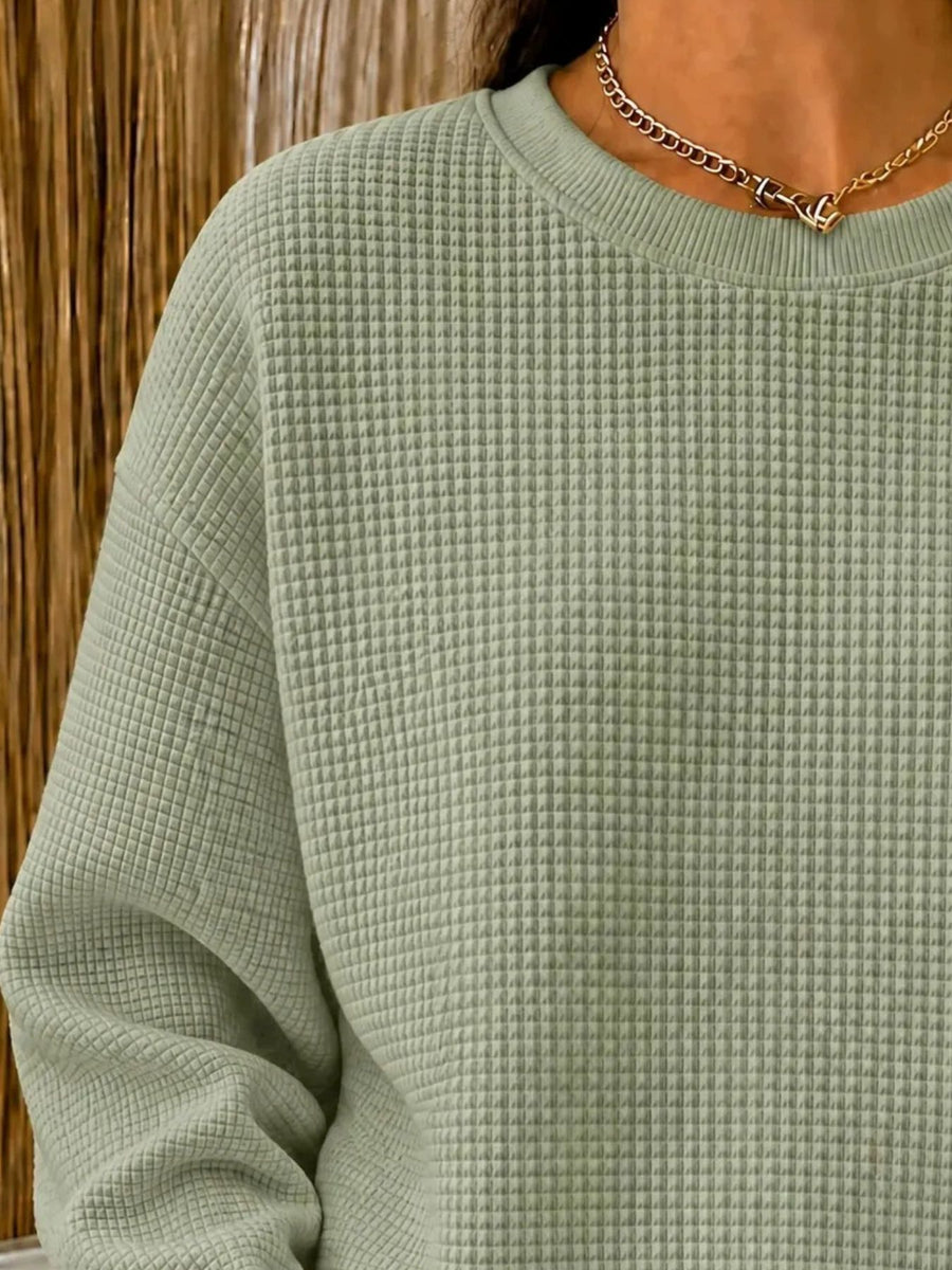 Full Size Waffle Knit Crewneck Sweatshirt Plus Size in bright yellow with waffle-knit