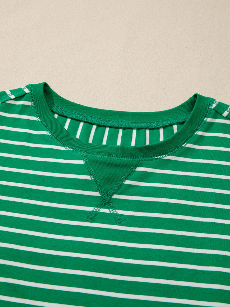 Green and white striped cotton t-shirt with crew neck and contrast stitching detail.