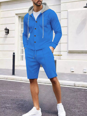 Blue with Men's Casual Hooded Button-up Shirt And Shorts Set in Blue