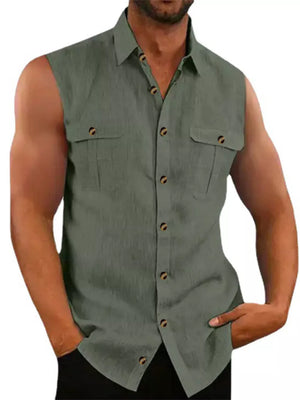 Black Men's Sleeveless Button-up Shirt With Chest Pockets