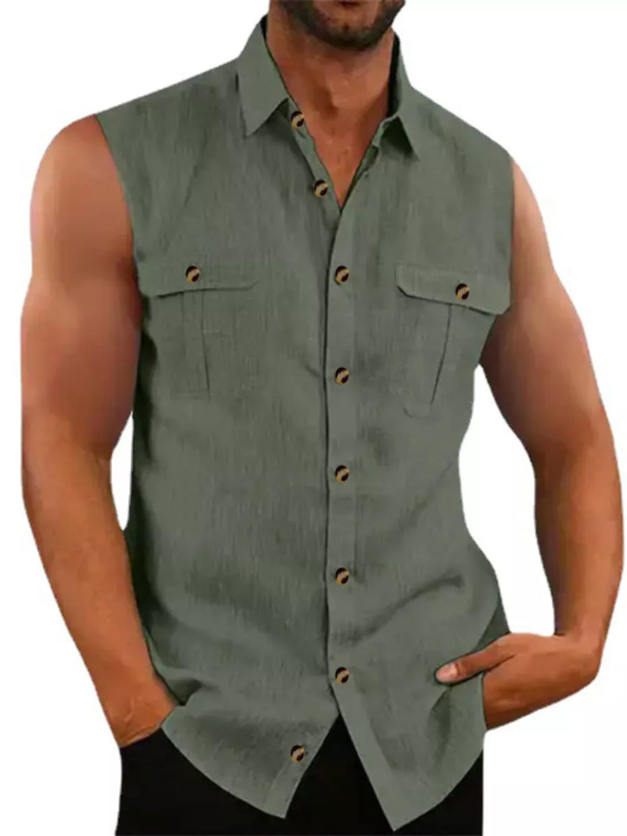 Black Men's Sleeveless Button-up Shirt With Chest Pockets