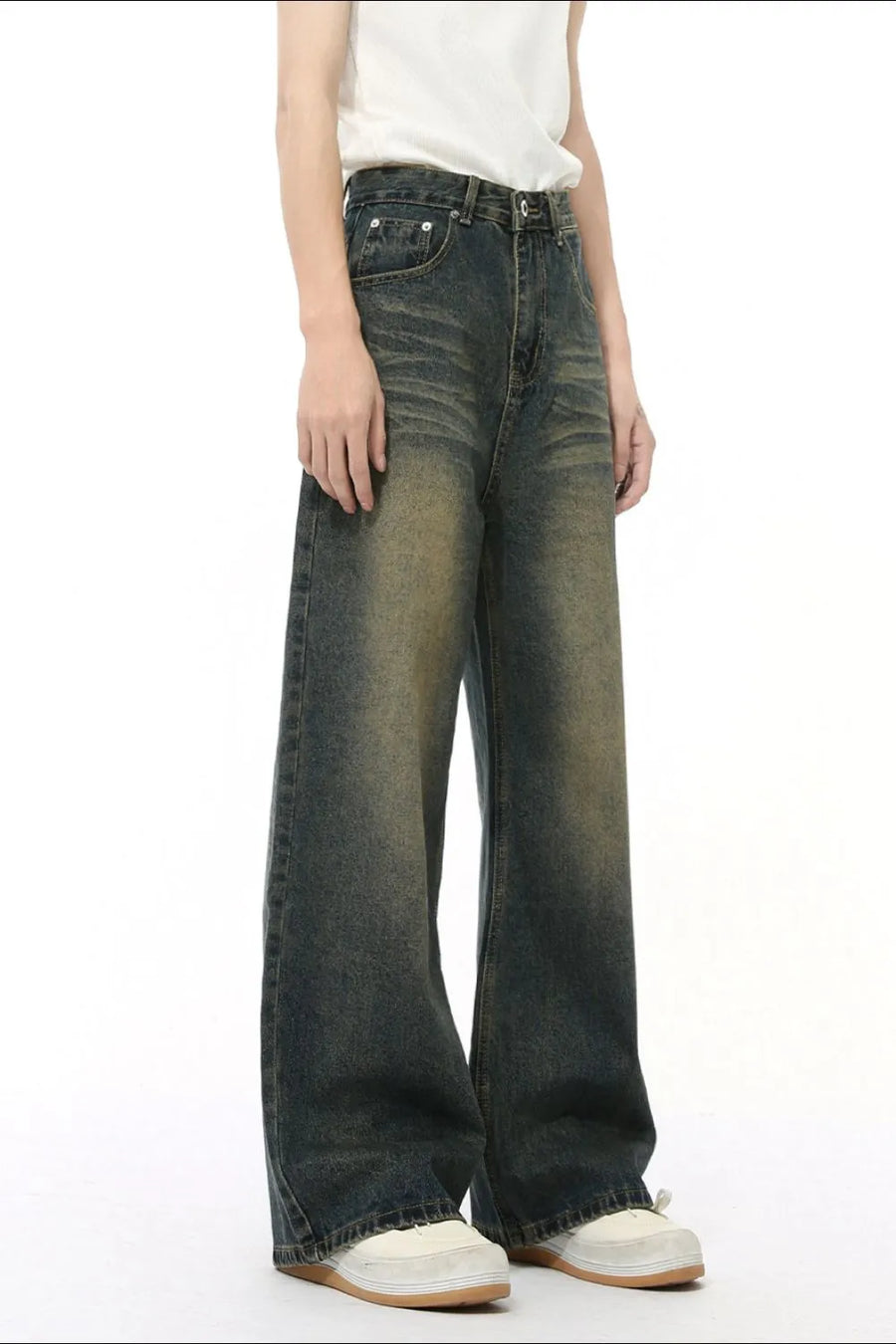 Whiskered denim straight leg jeans in a dark wash with a vintage fade.