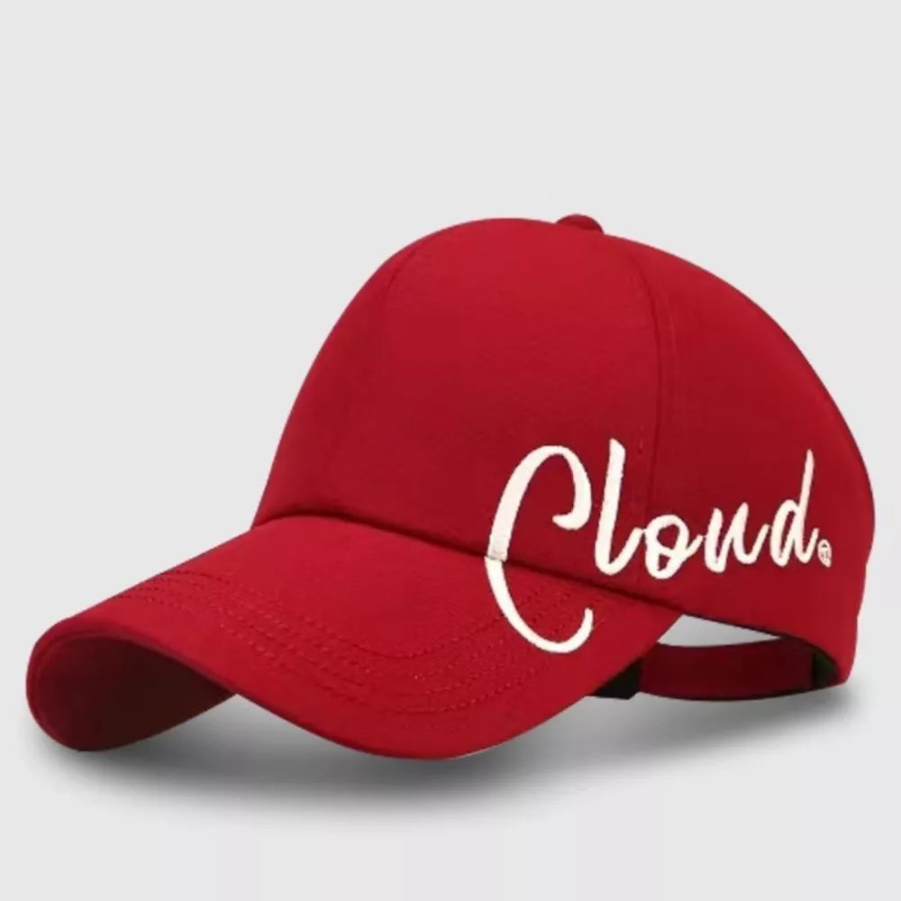 Red cotton baseball cap with embroidered cloud detail