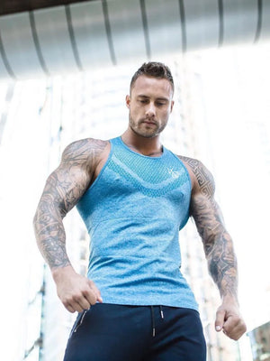 Sky blue performance knit active tank top with chevron detail at neckline