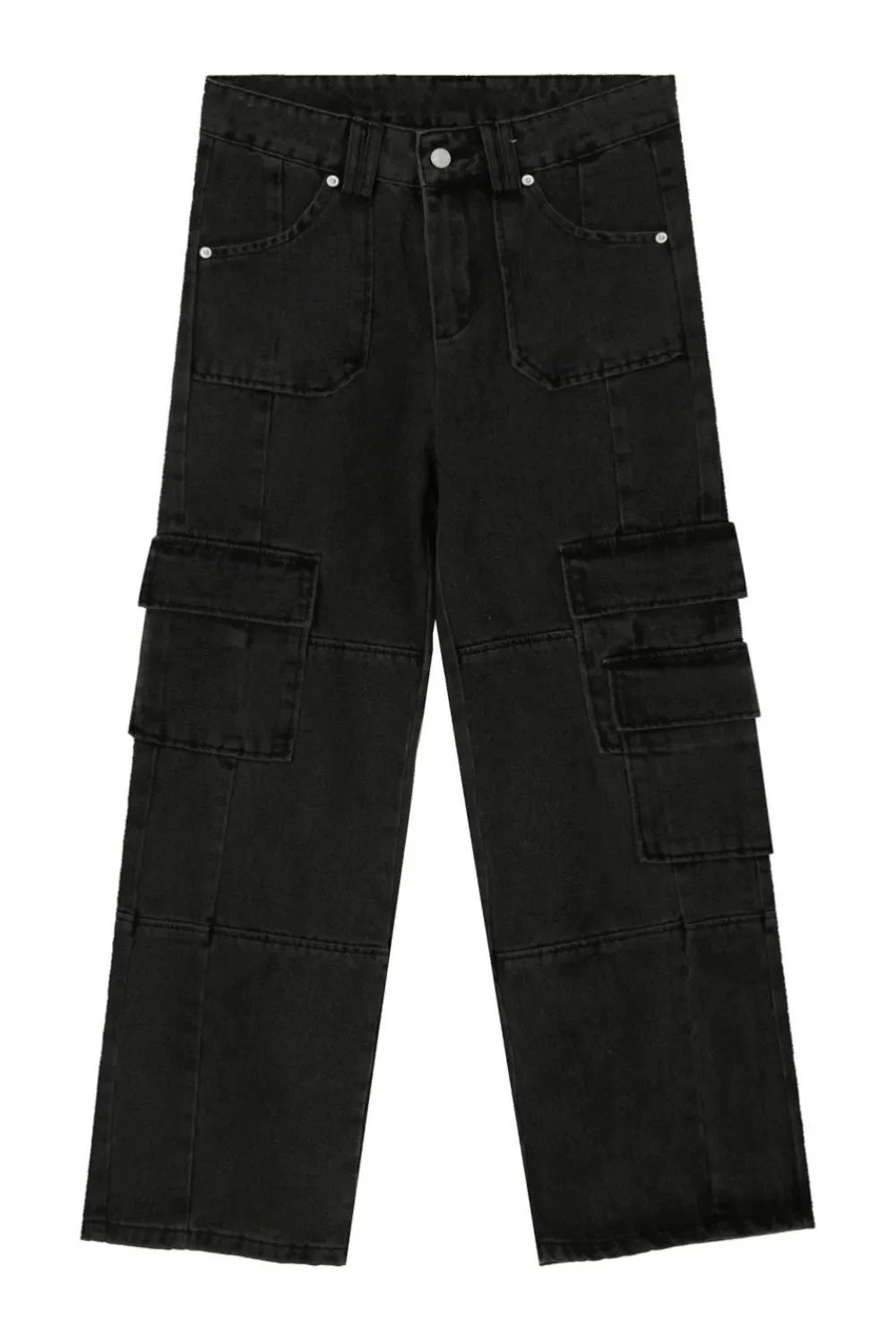 Black washed denim utility cargo pants with multiple pockets.