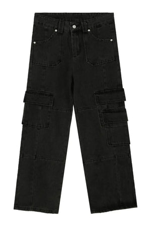 Black washed denim utility cargo pants with multiple pockets.