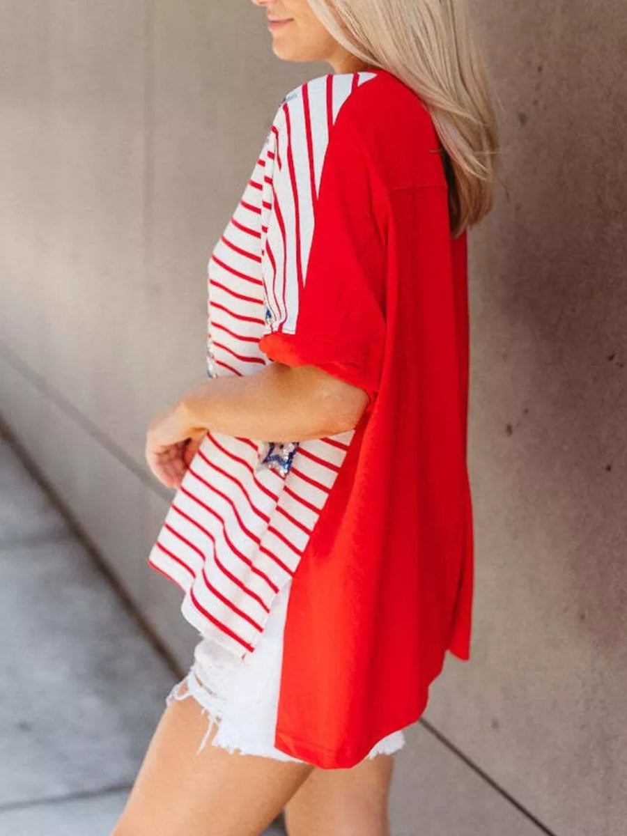 Patriotic sequin star t-shirt with red and white stripes and solid red sleeves.