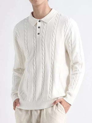 ivory pullover sweater with cable knit and collared