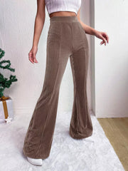 Taupe corduroy maternity flare pants with high waist and bell bottoms