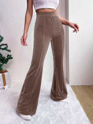 Taupe corduroy maternity flare pants with high waist and bell bottoms