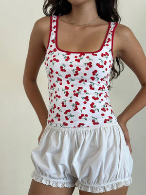 White cherry print square neck tank top with red trim