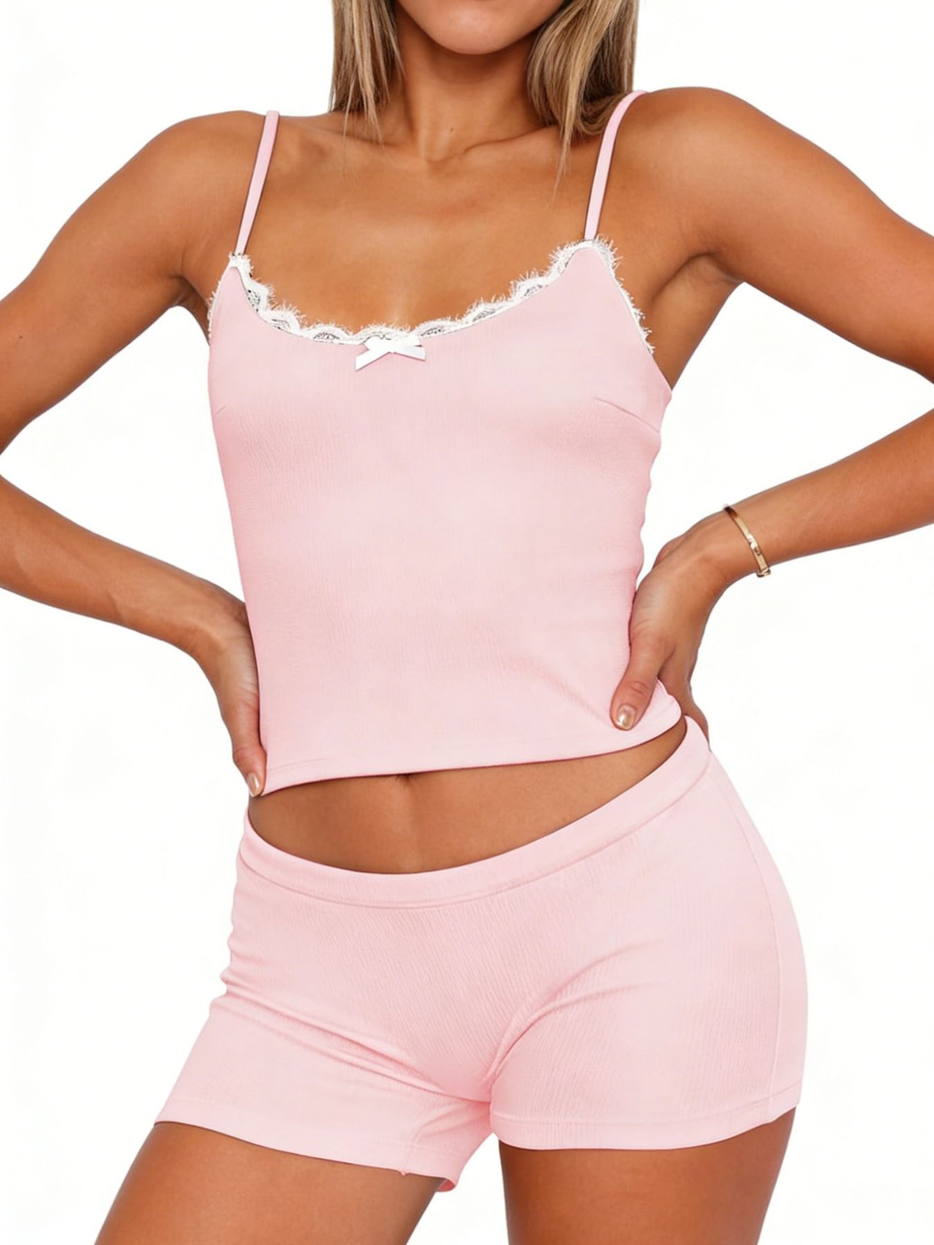 Blush pink cami and shorts set with lace trim and bow detail