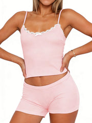 Blush pink cami and shorts set with lace trim and bow detail