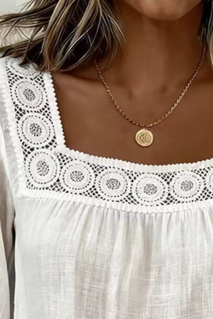 White polyester blouse with square neck and crochet trim detail
