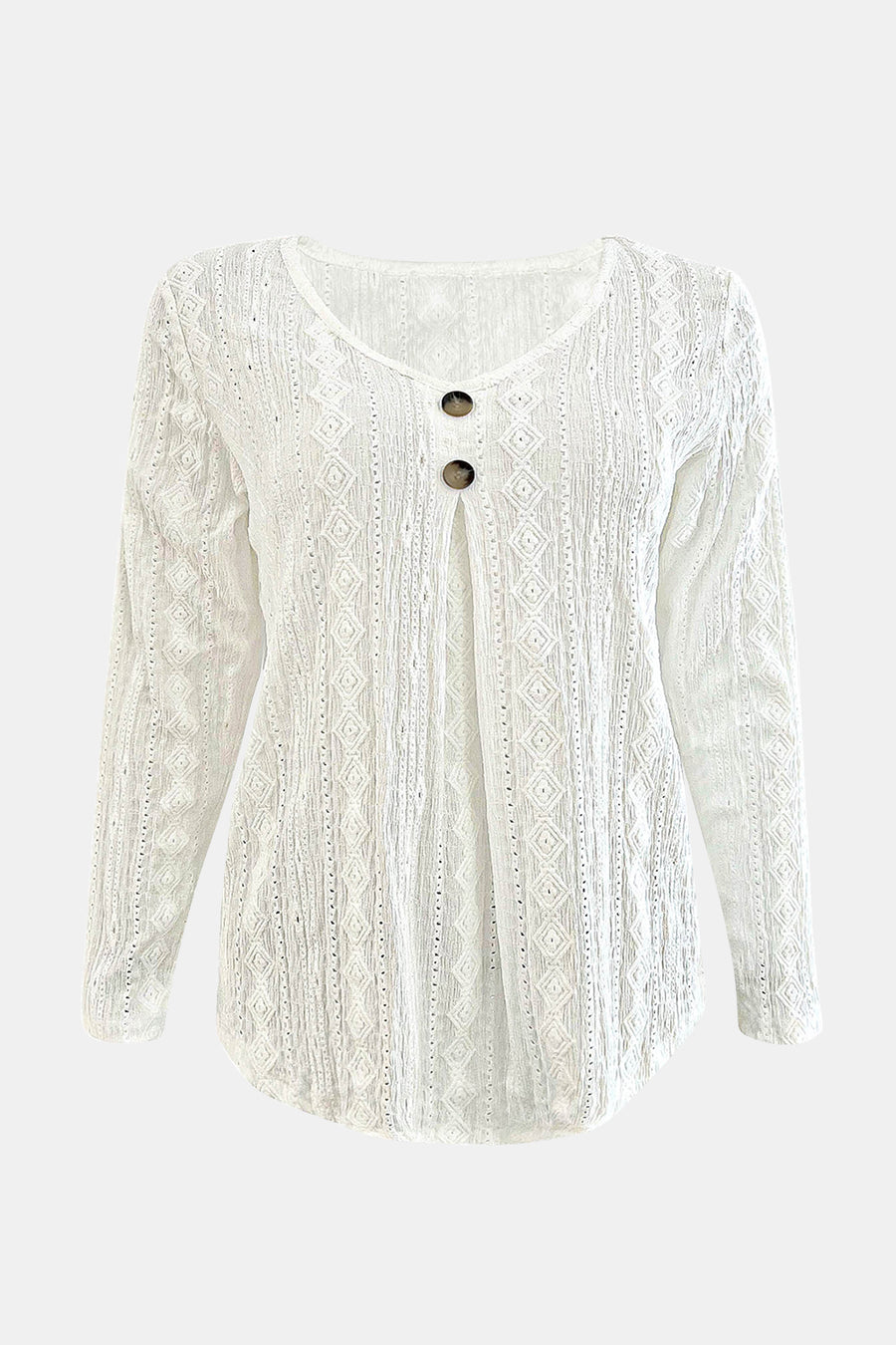 White textured diamond-stitch button-down blouse with long sleeves and a V-neck.