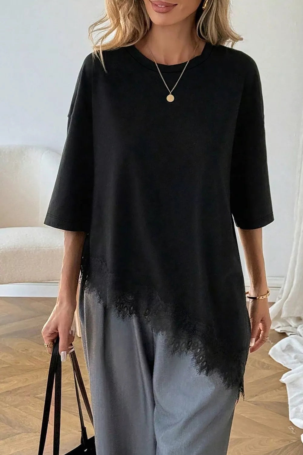 Black Lace Asymmetrical Hem Round Neck T-shirt