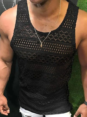 Black geometric crochet tank top with a sheer, open-knit pattern and a crew neck.