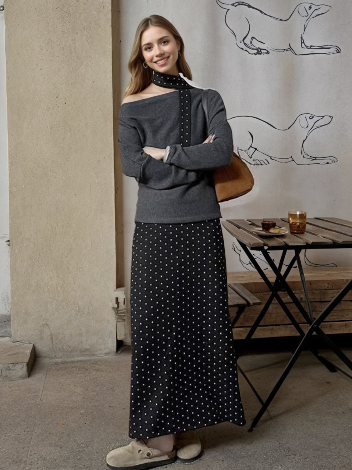 One shoulder grey top with polka dot scarf and black polka dot maxi skirt