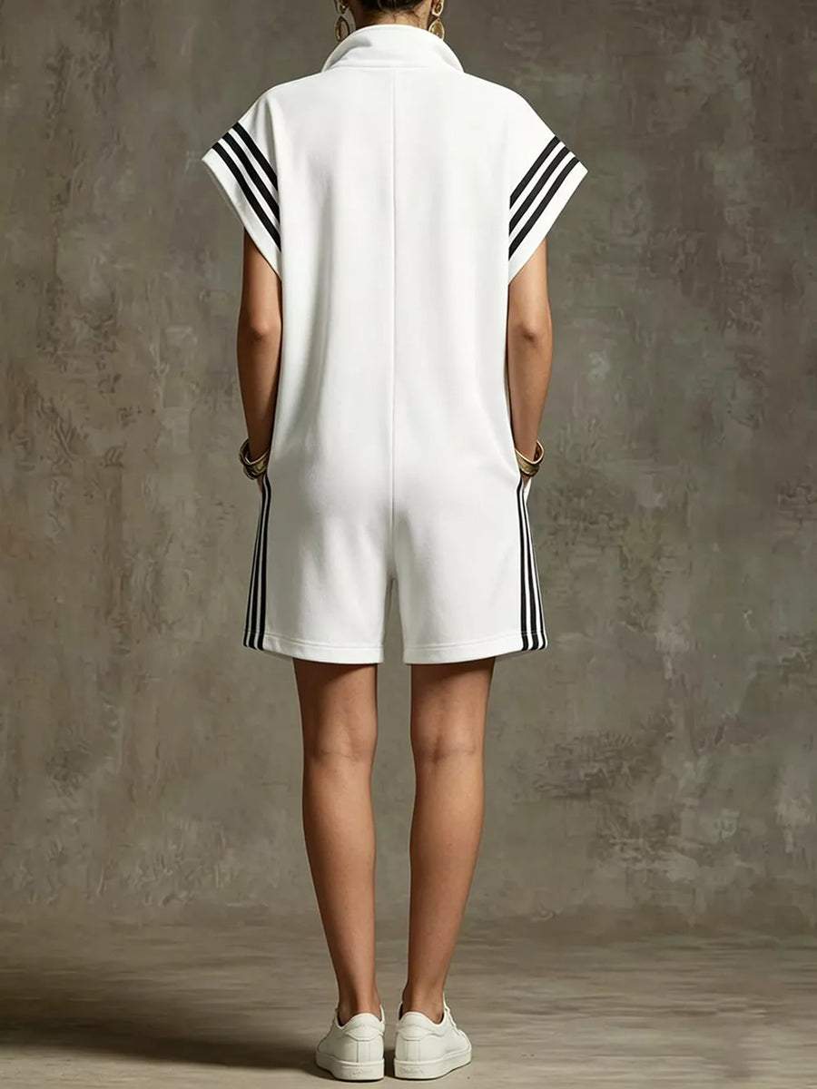 White Striped Zip Front Romper