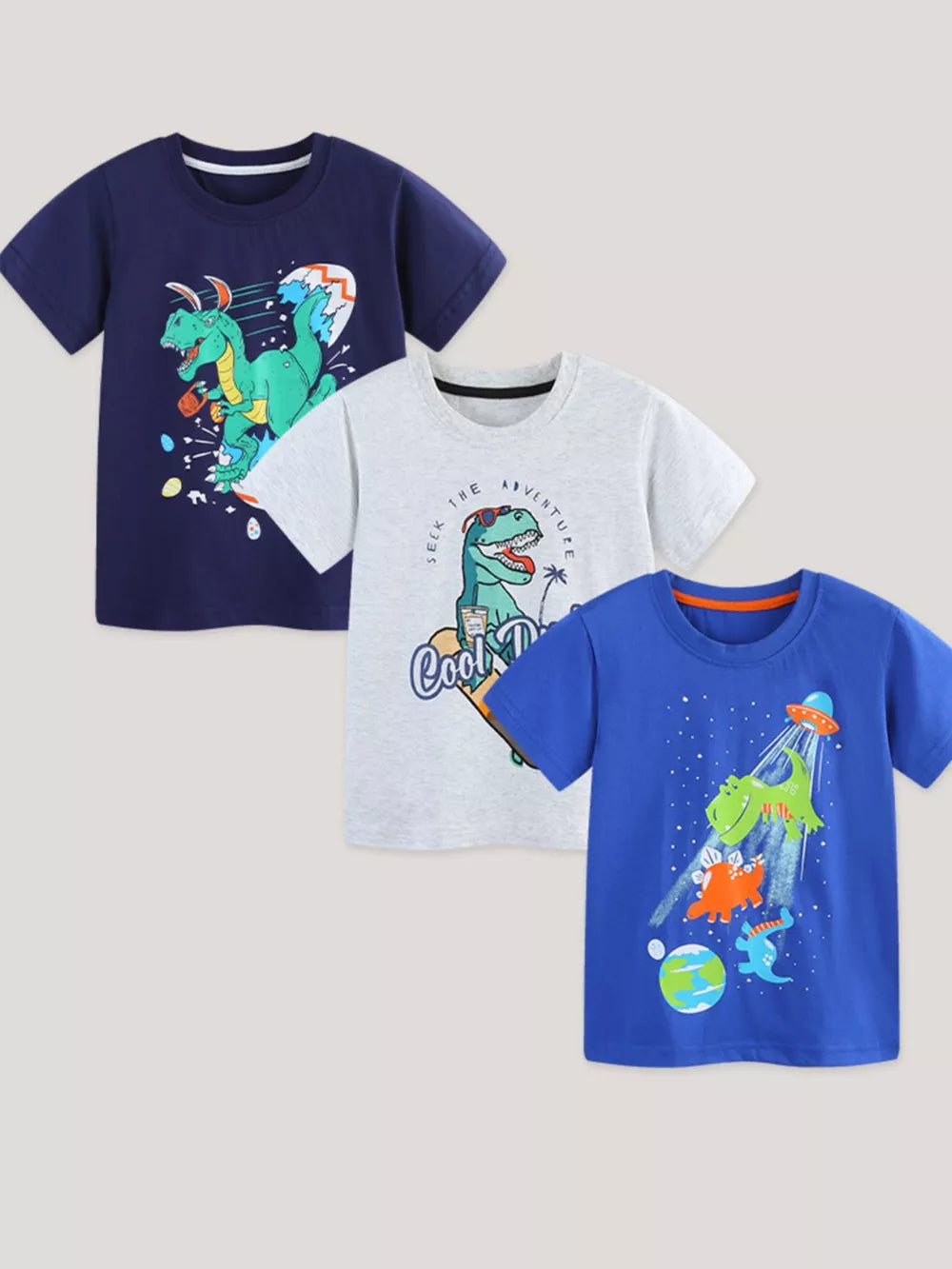 Toddler dinosaur graphic t-shirts set: navy, grey, blue cotton tees with fun adventure prints.