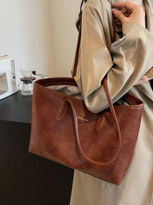 PU Leather Imported Size &amp tote in Brown with boxy silhouette