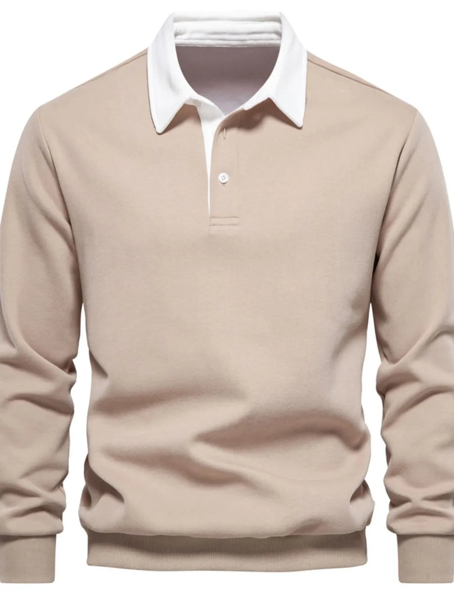 Khaki long sleeve rugby sweatshirt with white collar and button placket.