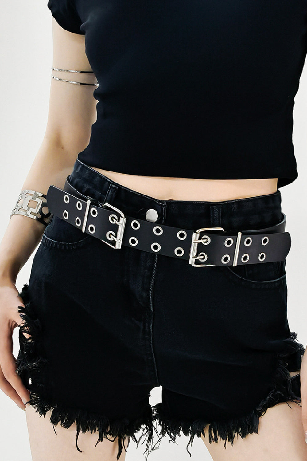 Black double buckle eyelet belt with silver hardware