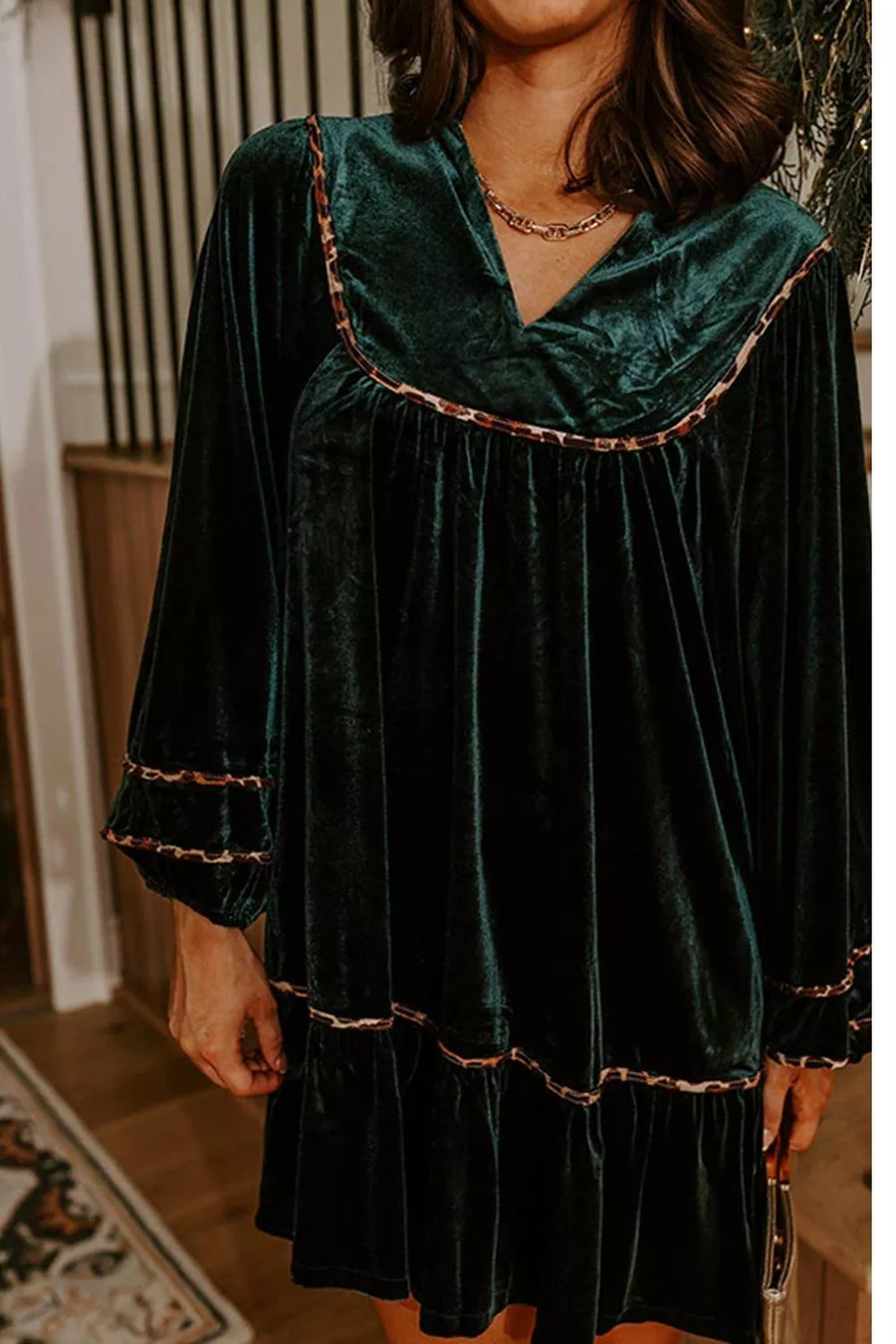 forest green shift dress with contrast stitching and long sleeve