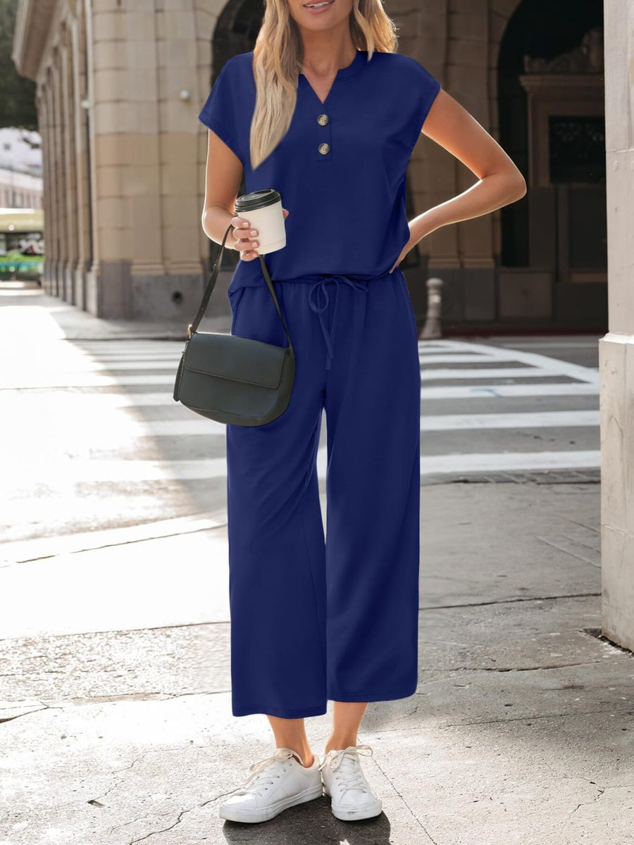 Dark blue notched V-neck top and wide-leg pants set with drawstring waist