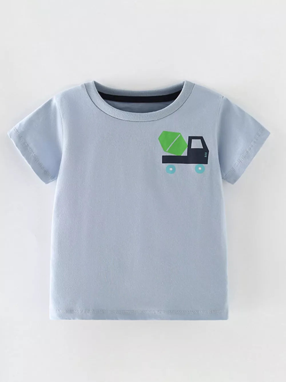 Light blue cotton t-shirt with a cartoon cement truck graphic on the chest.