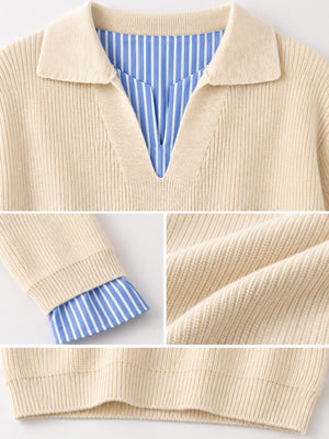 Plus Size Layered Look Striped Sweater in Apricot with ribbed