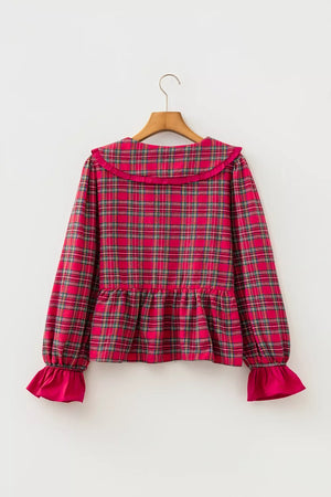 Plaid Tie Neck Ruffle Cuffs Blouse option 7