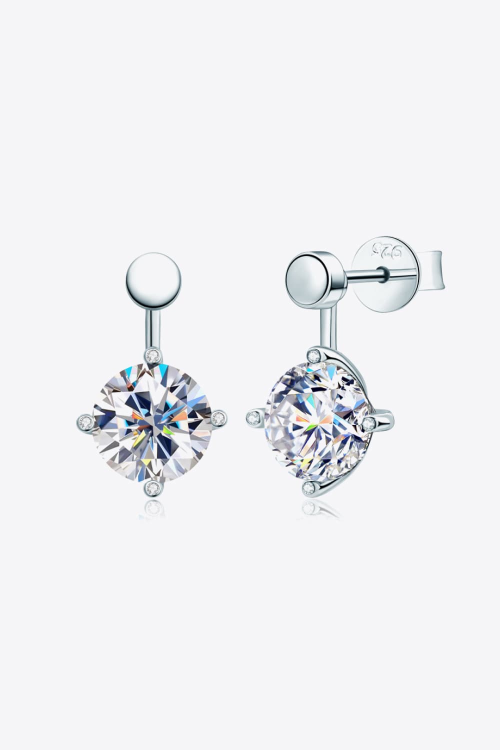 Silver moissanite stud and drop earrings with clear round-cut stones and small accent gems.