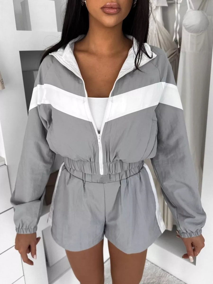 Black Zip Up Long Sleeve Outerwear And Shorts Set