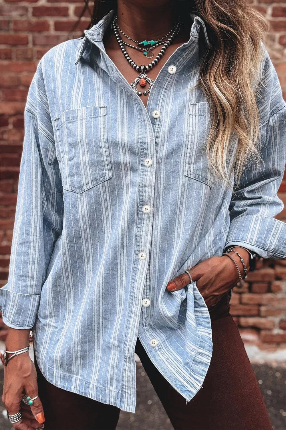 Relaxed blue stripe denim shacket with button-down front and chest pockets