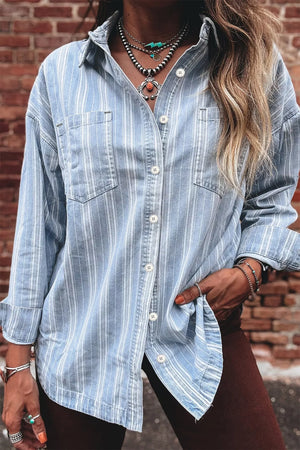 Relaxed blue stripe denim shacket with button-down front and chest pockets