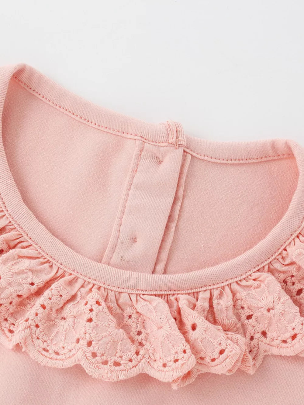 Pink baby dress with ruffled eyelet collar and cap sleeves.