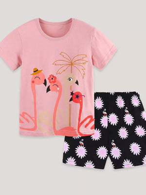 Pink flamingo graphic tee and black floral print shorts set for babies.