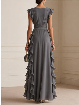 Apricot A-line maxi dress with deep v-neck