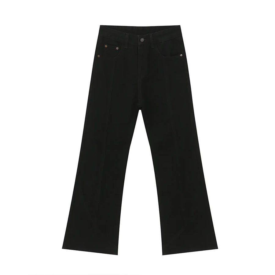 Black denim jeans with panel seams and a flare leg cut.