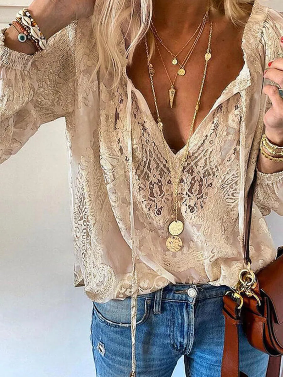 Khaki blouse featuring lace and lace