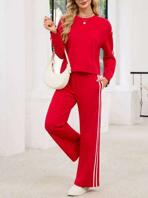 Striped Round Neck Sweatshirt And Pants Set in Black, view 15